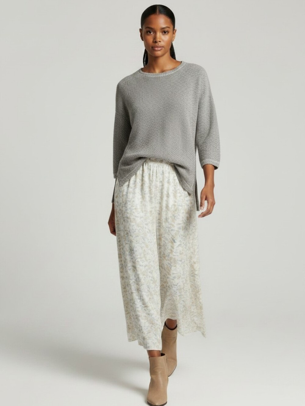 Eileen Fisher Organic Peruvian Cotton Crewneck Longline Sweater In Oat Flint XL